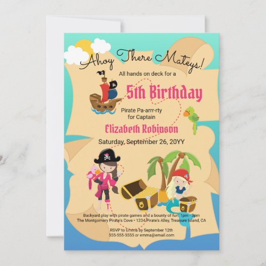 Fun Treasmap Pink Pirate Girl Birthday Party Einladung (Vorderseite)