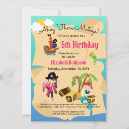 Fun Treasmap Pink Pirate Girl Birthday Party Einladung