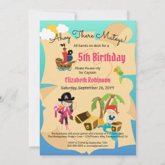 Fun Treasmap Pink Pirate Girl Birthday Party Einladung