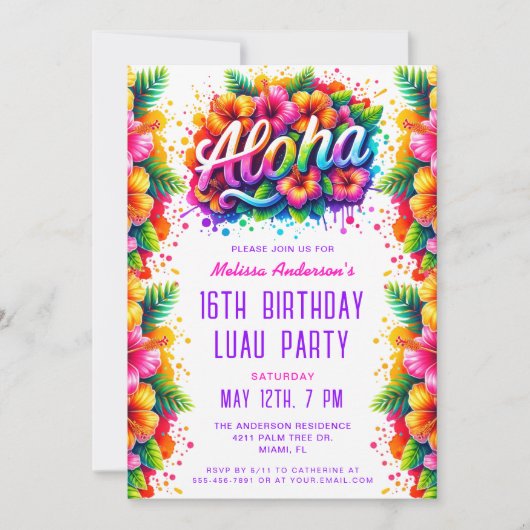 Fun Tropical Aloha Birthday Luau Party Einladung (Vorderseite)