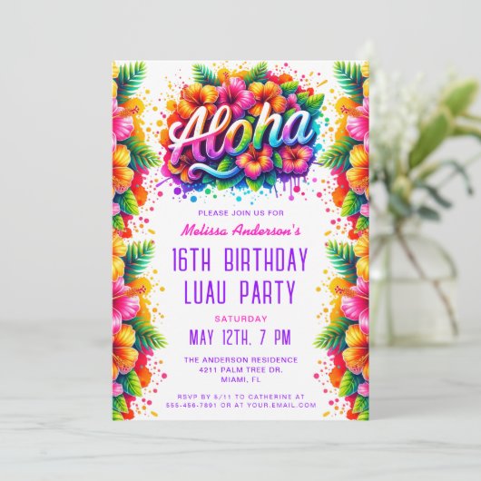 Fun Tropical Aloha Birthday Luau Party Einladung (Stehend Vorderseite)