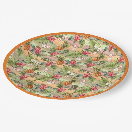 Fun Tropical Ananas Fruit Floral Blätter Muster Pappteller (Schrägansicht)