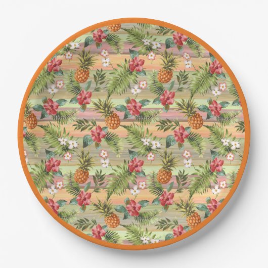 Fun Tropical Ananas Fruit Floral Blätter Muster Pappteller (Vorderseite)