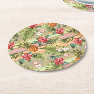Fun Tropical Ananas Fruit Floral Blätter Muster Runder Pappuntersetzer