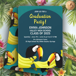 Fun Tropical Aquamarin Bananas Toucans Graduation  Einladung
