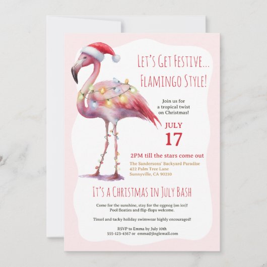 Fun Tropical Flamingo Weihnachten im Juli Party Einladung (Vorderseite)