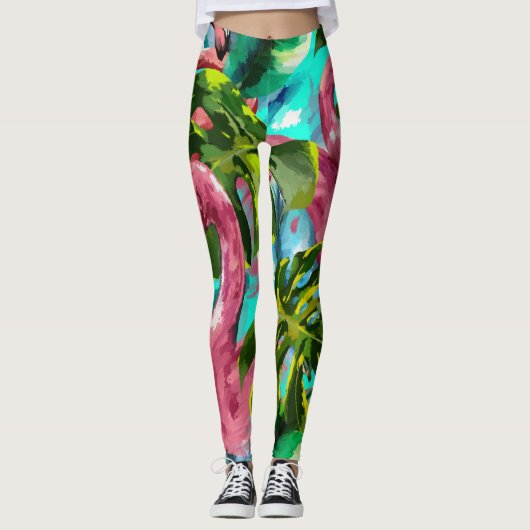 Fun Tropical Green Palm Pink Flamingos Urlaub Leggings (Vorderseite)