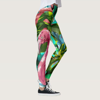 Fun Tropical Green Palm Pink Flamingos Urlaub Leggings