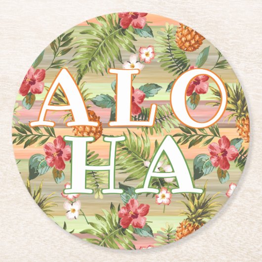 Fun Tropical Pineapse Fruit Floral Stripe Muster Runder Pappuntersetzer (Vorderseite)