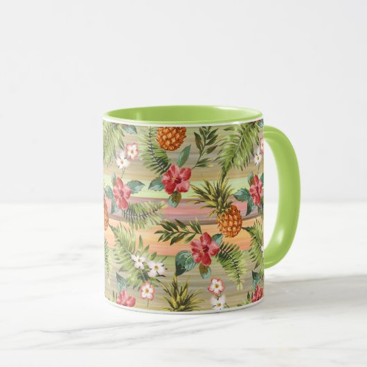 Fun Tropical Pineapse Fruit Floral Stripe Muster Tasse (VorderseiteRechts)