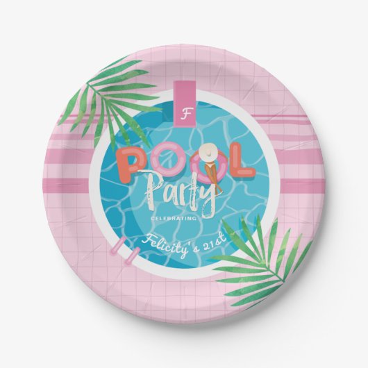Fun Tropical Pink & Blue Sommerzeit Pool Party Pappteller (Vorderseite)