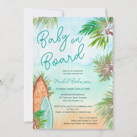 Fun Tropische Palmen Strand Baby an Bord Dusche Einladung (Vorderseite)