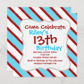 Fun Türkis Blau Rot und Weiß Diagonale Streifen Einladung (Vorne/Hinten)