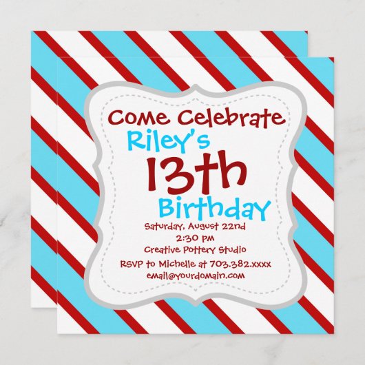 Fun Türkis Blau Rot und Weiß Diagonale Streifen Einladung (Vorne/Hinten)