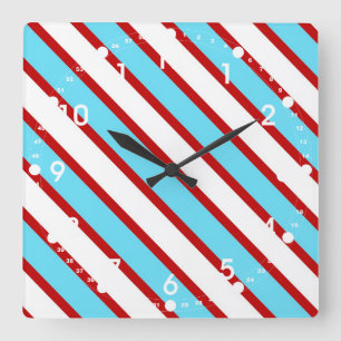 Fun Turquoise Blue Red and White Diagonal Stripes Quadratische Wanduhr