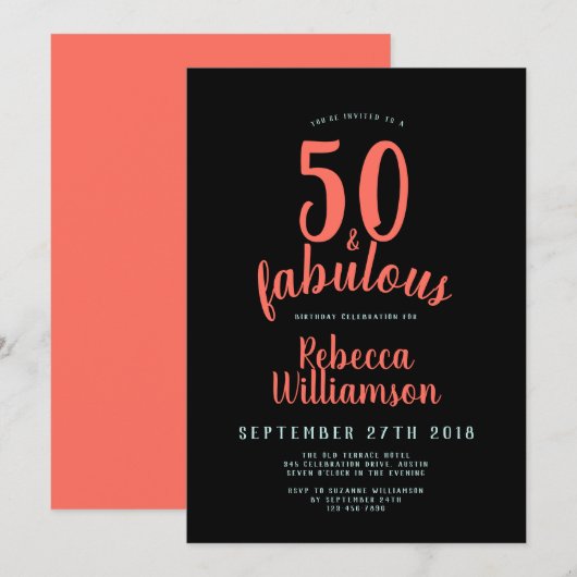 Fun Typografie Coral Aquamarin und Black 50. Gebur Einladung (Vorne/Hinten)