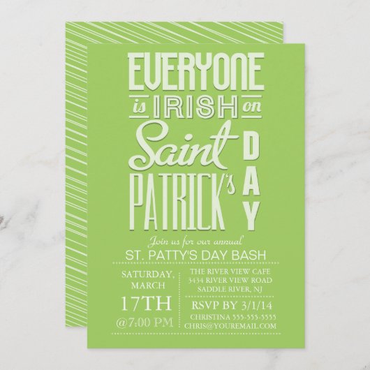 Fun Typografie St. Patrick's Day Bash Dinner Party Einladung (Vorne/Hinten)
