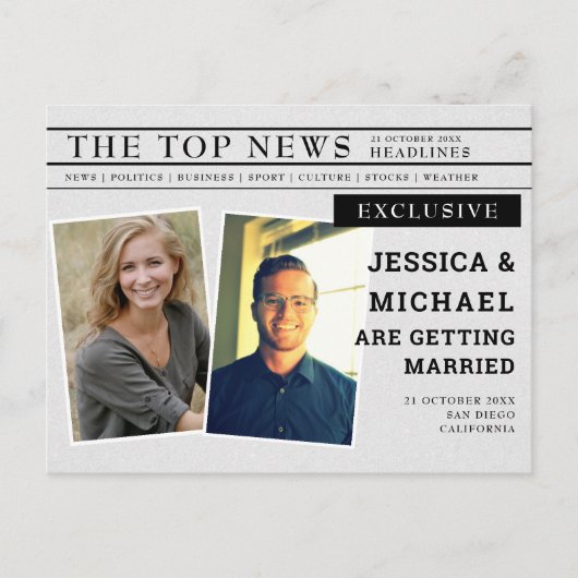 Fun Unique Newspaper Headline Foto Save the Date Einladungspostkarte (Vorderseite)