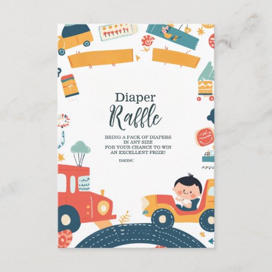 Fun Vehicle Cars Boy Baby Shower Diapper Raffle Begleitkarte (Vorderseite)