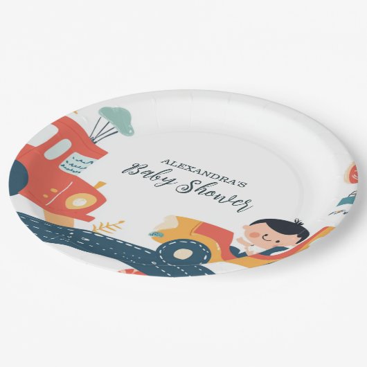 Fun Vehicle Cars Boy Baby Shower Pappteller (Schrägansicht)