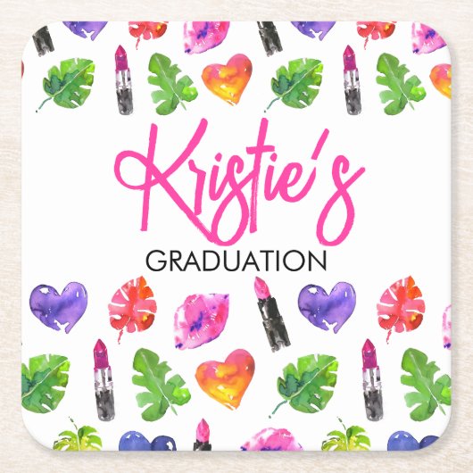 Fun Vibrant Watercolor Lipsticks Graduierungsparty Rechteckiger Pappuntersetzer (Vorderseite)
