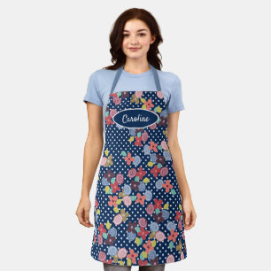 Fun Vintage Blume Punkte Muster auf blau Schürze