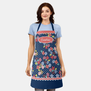 Fun Vintage Blume Punkte Muster auf dunkelblau Schürze