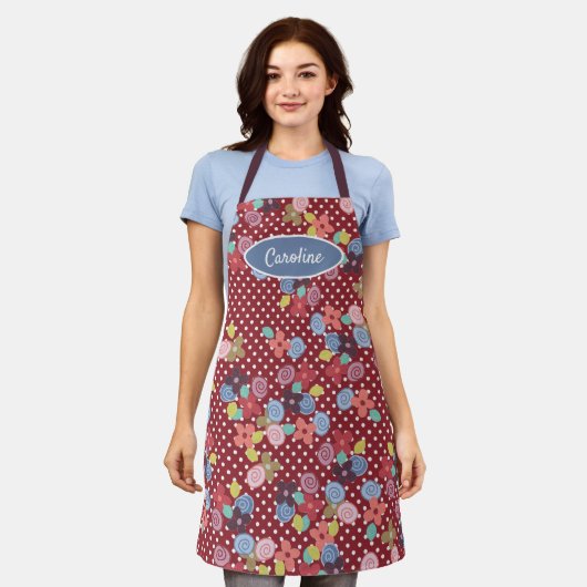 Fun Vintage Blume Punkte Muster Cherry Red Schürze (Getragen)