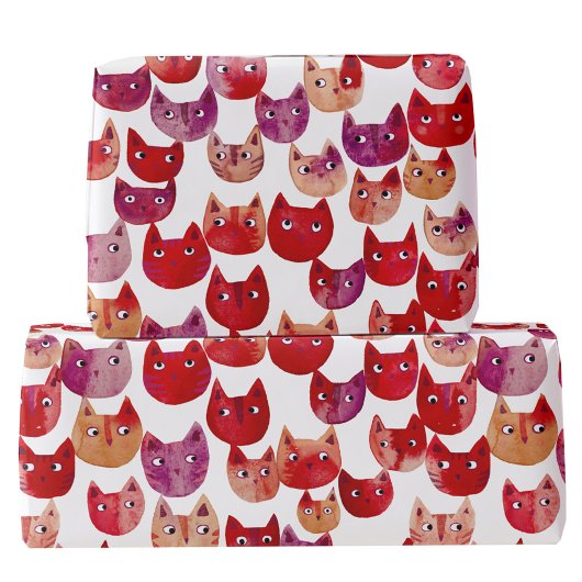 Fun Watercolor Cat Art Red Pink Purple Geschenkpapier