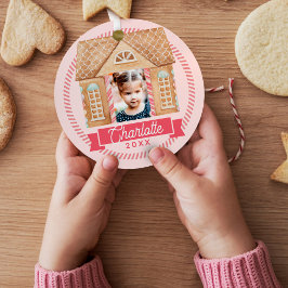 Fun Watercolor Gingerbrot House Foto Candy Cane Ornament Aus Metall