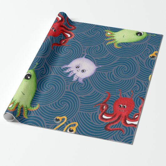 FUN WATERCOLOR SEA MONSTER WRAPPING PAPIER GESCHENKPAPIER (Ungerollt)