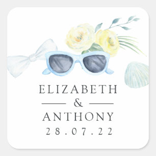 Fun Watercolor Sommerstrand Hochzeit Quadratischer Aufkleber