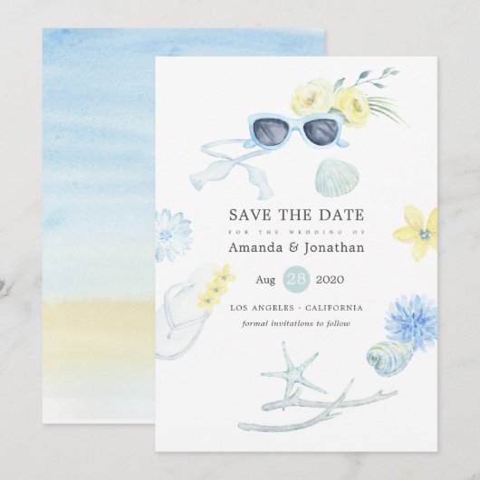 Fun Watercolor Sommerstrand Hochzeit Save The Date (Vorne/Hinten)