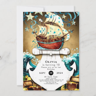 Fun Watercolor Treasure Pirate Geburtstag Einladung