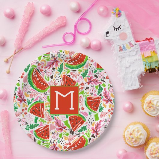 Fun Watermelon und Blumenmuster Monogramm Pappteller (Party)