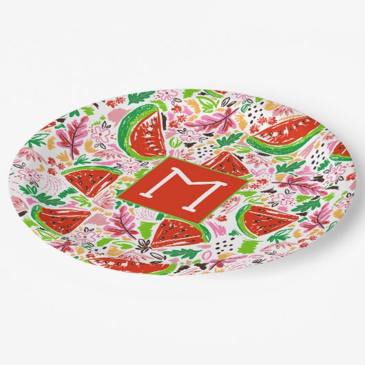 Fun Watermelon und Blumenmuster Monogramm Pappteller (Schrägansicht)