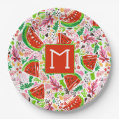 Fun Watermelon und Blumenmuster Monogramm Pappteller (Vorderseite)