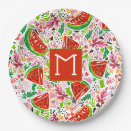 Fun Watermelon und Blumenmuster Monogramm Pappteller