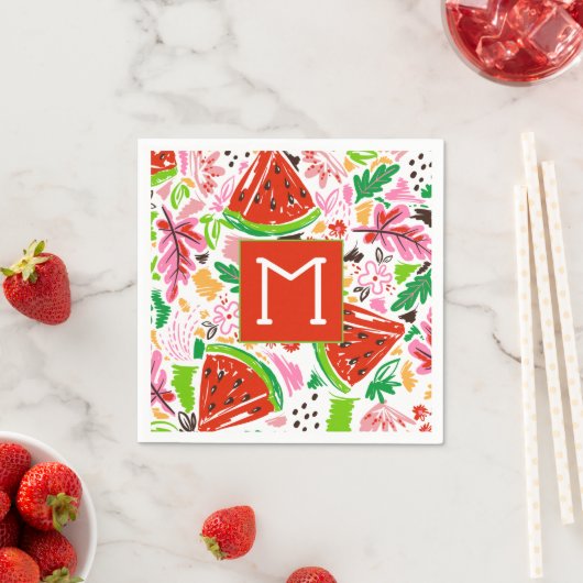 Fun Watermelon und Blumenmuster Monogramm Serviette (Beispiel)