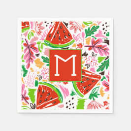 Fun Watermelon und Blumenmuster Monogramm Serviette