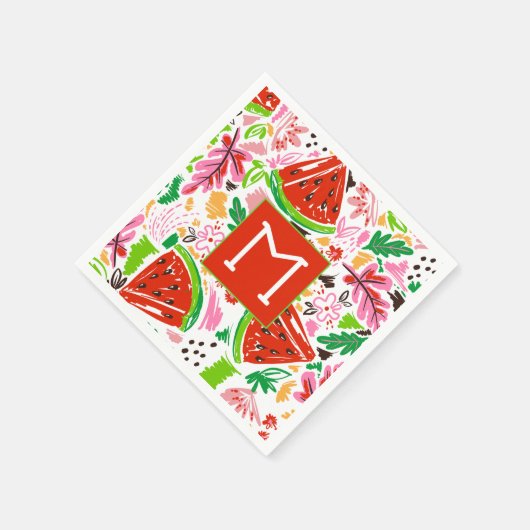 Fun Watermelon und Blumenmuster Monogramm Serviette (Ecke)