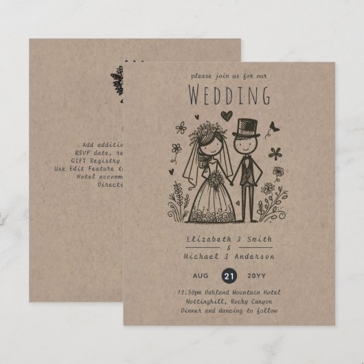 Fun Wedding Cartoon Bride Groom Handgezeichnet (Vorne/Hinten)