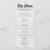 Fun Wedding Menu mit Wedding Games Newspapier Menükarte (Vorderseite)
