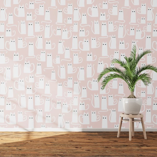 Fun Weiß und Rosa Katzenmuster Tapete (White kitty cats on blush pink art wallpaper)