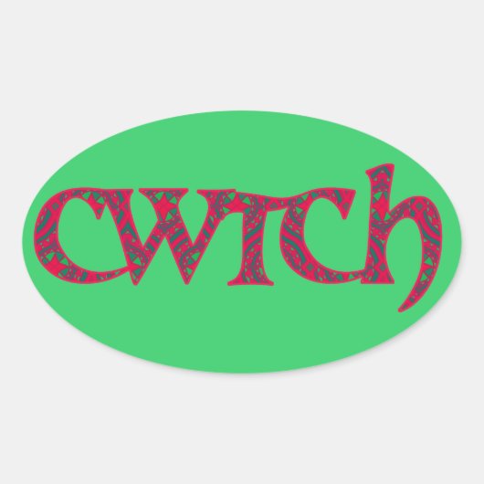 Fun Welsh Cwtch Stickers: Rot, grünes Muster Ovaler Aufkleber (Vorderseite)