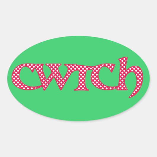 Fun Welsh Cwtch Stickers: Rote, weiße Polka Punkte Ovaler Aufkleber (Vorderseite)