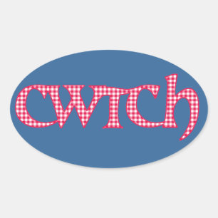 Fun Welsh Cwtch Stickers: Roter Karo Gingham Ovaler Aufkleber