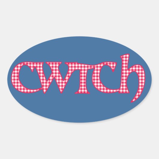 Fun Welsh Cwtch Stickers: Roter Karo Gingham Ovaler Aufkleber (Vorderseite)