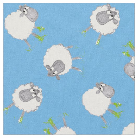 Fun Welsh Sheep auf Blue Pattern Fabric Stoff (Nahaufnahme)