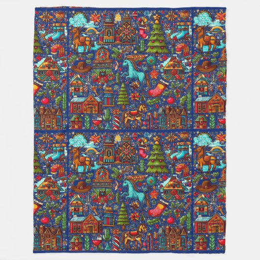 Fun Western Muster Christmas Blue Fleecedecke (Vorderseite)